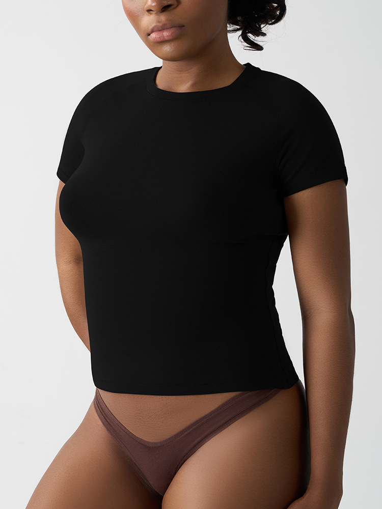 2025 Top Y2K Solid Short-Sleeved Women's T-Shirt Breathable Knitted Fabric  Rrew-Neck Yarn Dyed Sustainable Inside Design