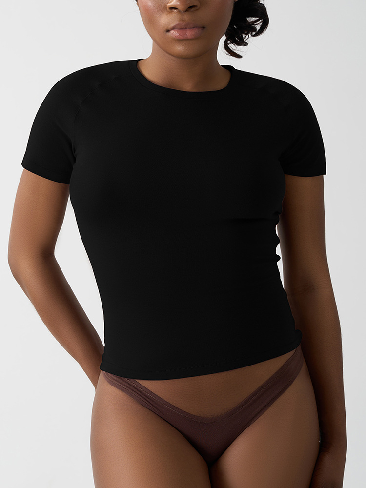 2025 Top Y2K Solid Short-Sleeved Women's T-Shirt Breathable Knitted Fabric  Rrew-Neck Yarn Dyed Sustainable Inside Design